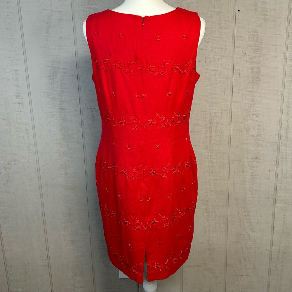 Vintage Linen Blend Midi Dress Sz 12 Sleeveless Floral Embroidery Romantic Red - Picture 2 of 11